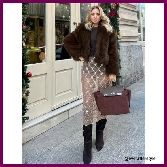 Faux Fur Cropped Jacket Open Front Fluffy Shaggy Winter Chic Y2K - Picture 7 of 8